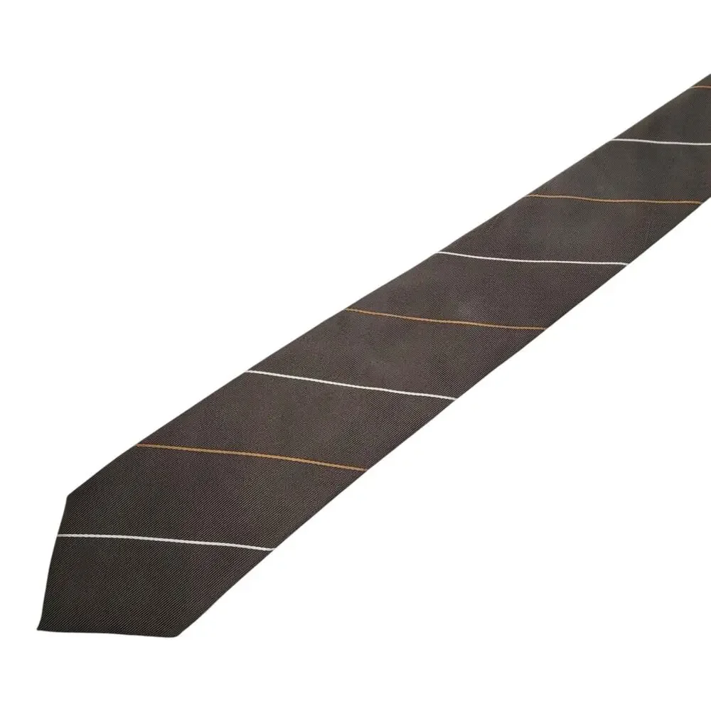 BOSS Hugo Boss Mens Tie Brown White Gold Striped Silk Made in Italy
